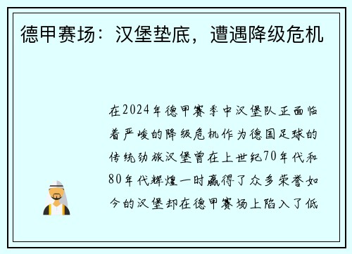 德甲赛场：汉堡垫底，遭遇降级危机